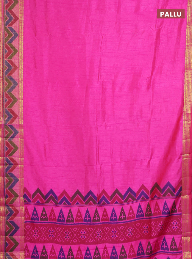 Semi tussar saree pink with plain body and ikat woven zari border