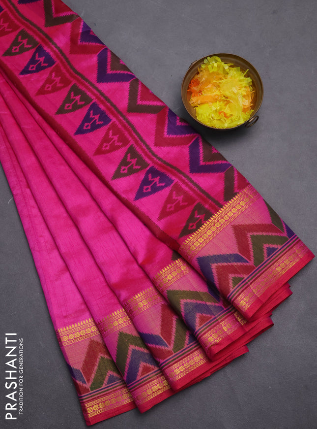 Semi tussar saree pink with plain body and ikat woven zari border