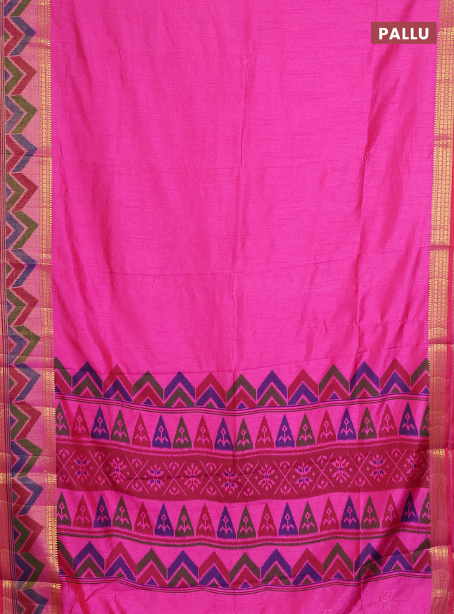 Semi tussar saree pink with plain body and ikat woven zari border