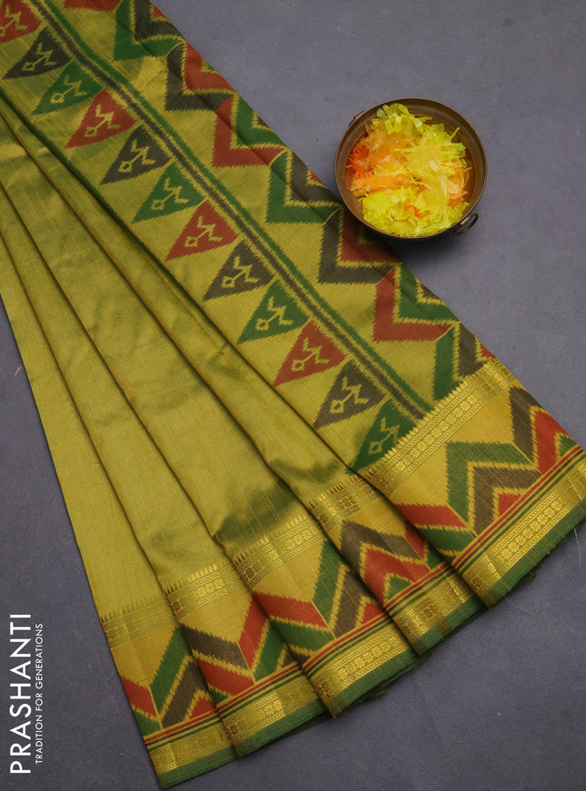 Semi tussar saree light green with plain body and ikat woven zari border