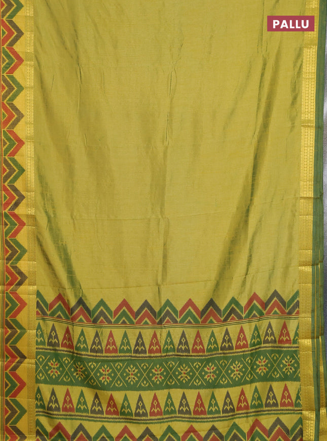 Semi tussar saree light green with plain body and ikat woven zari border