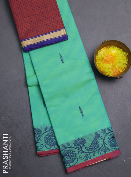 Chettinad cotton saree teal green and pink with thread woven buttas and thread woven border