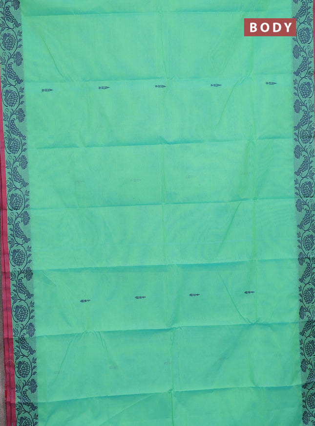 Chettinad cotton saree teal green and pink with thread woven buttas and thread woven border
