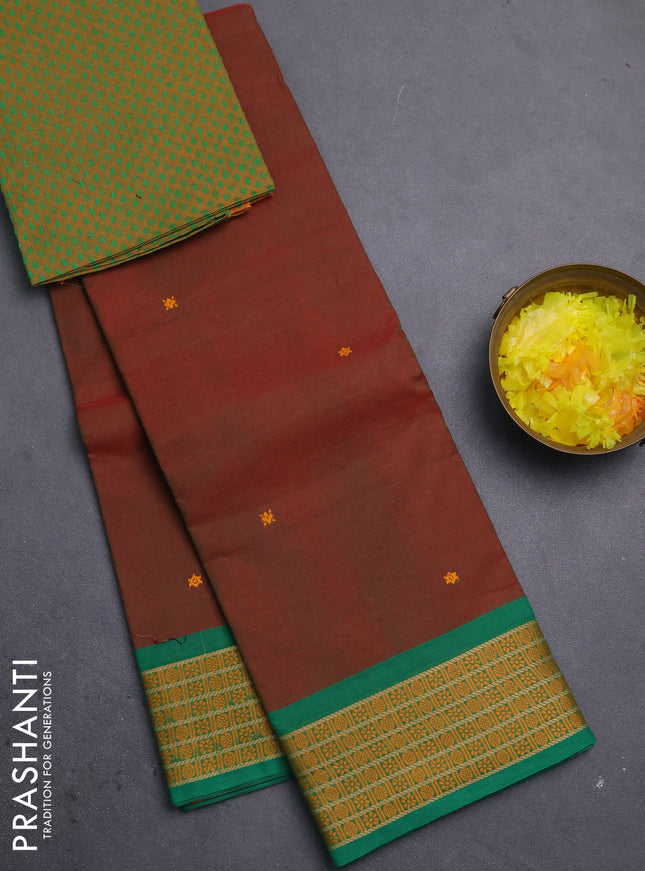 Chettinad cotton saree dual shade of greenish maroon and green with thread woven buttas and thread woven border