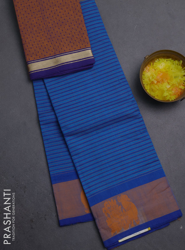 Chettinad cotton saree cs blue and blue dark mustard with allover stripe pattern and annam thread woven butta border