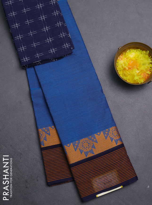 Chettinad cotton saree cs blue and navy blue with plain body anf temple design simple border