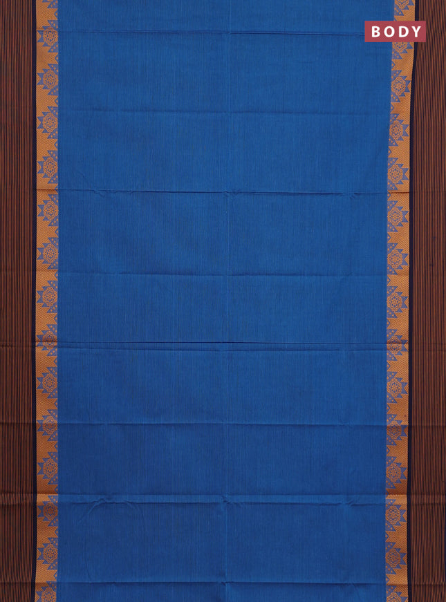 Chettinad cotton saree cs blue and navy blue with plain body anf temple design simple border