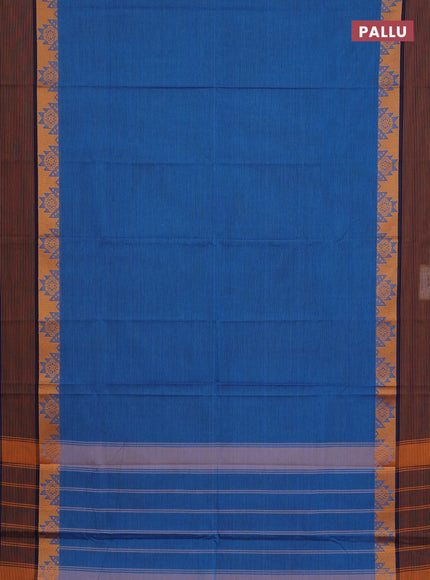 Chettinad cotton saree cs blue and navy blue with plain body anf temple design simple border