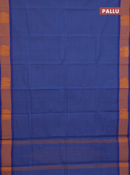 Chettinad cotton saree cs blue and blue rust with allover stripe pattern and annam thread woven butta border