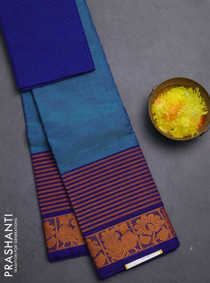 Chettinad cotton saree dual shade of teal blue and violet with plain body and long thread woven border