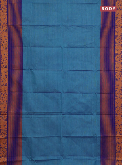 Chettinad cotton saree dual shade of teal blue and violet with plain body and long thread woven border
