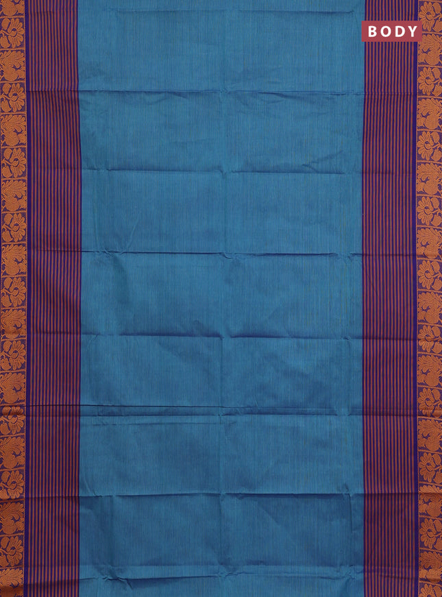 Chettinad cotton saree dual shade of teal blue and violet with plain body and long thread woven border