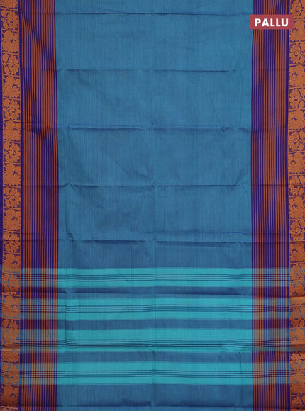 Chettinad cotton saree dual shade of teal blue and violet with plain body and long thread woven border