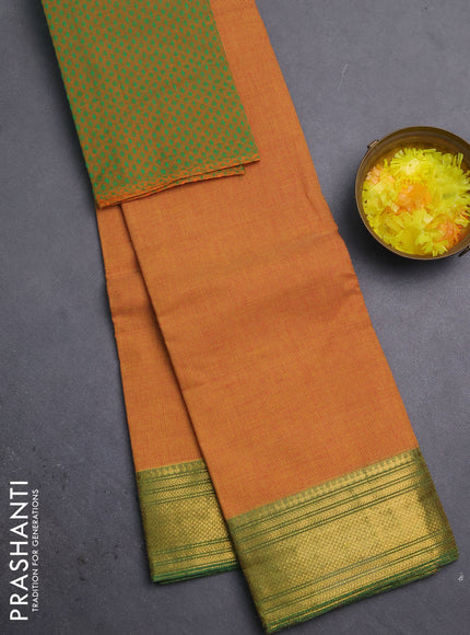 Chettinad cotton saree dark mustard and light green with allover small checked pattern and zari woven border