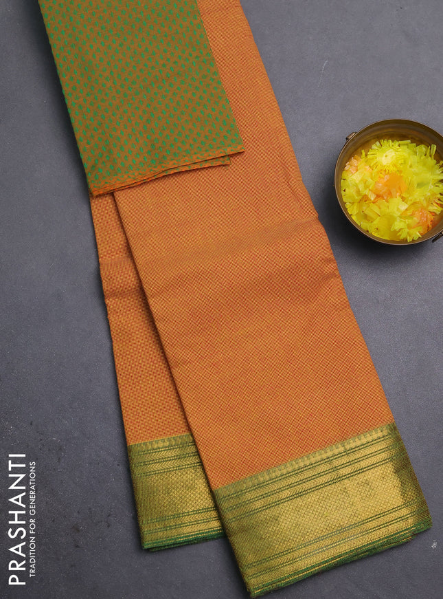 Chettinad cotton saree dark mustard and light green with allover small checked pattern and zari woven border