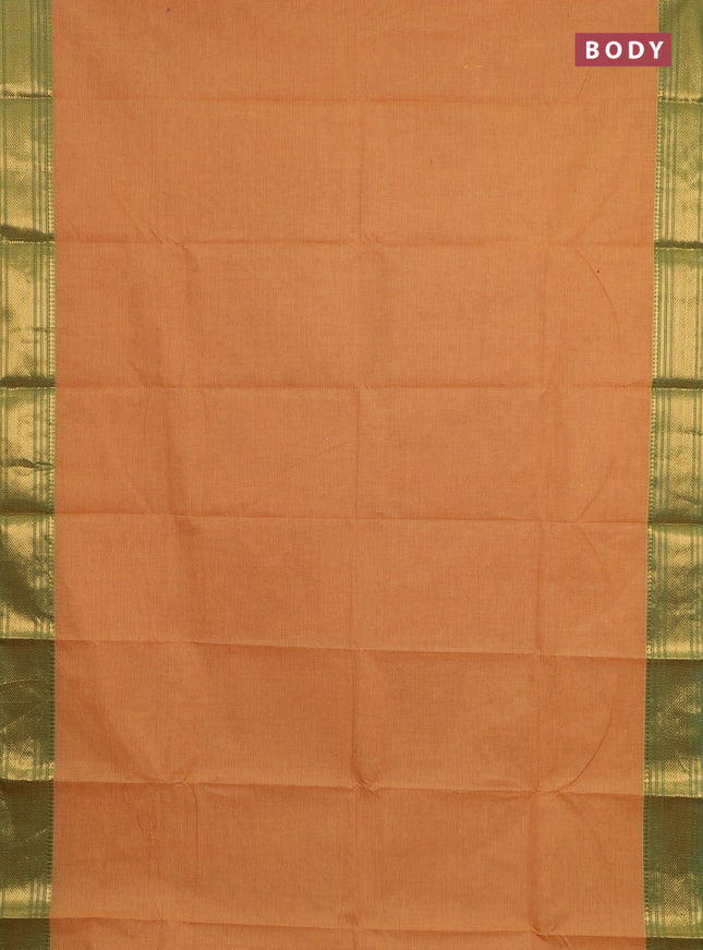 Chettinad cotton saree dark mustard and light green with allover small checked pattern and zari woven border