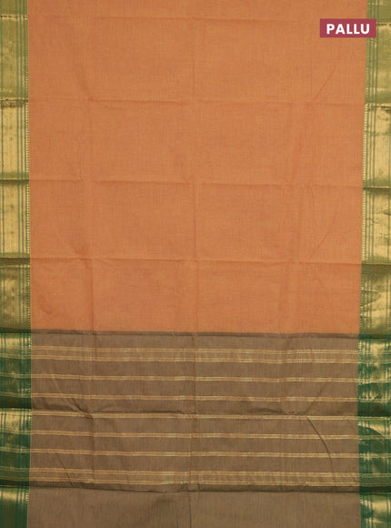 Chettinad cotton saree dark mustard and light green with allover small checked pattern and zari woven border