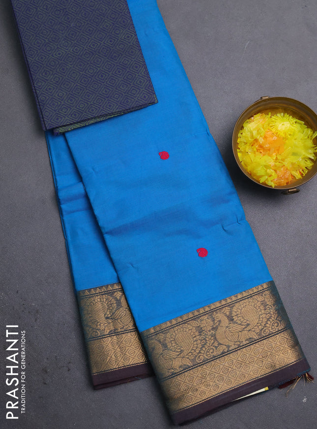 Chettinad cotton saree cs blue and navy blue with thread woven buttas and zari woven border