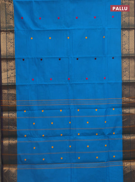 Chettinad cotton saree cs blue and navy blue with thread woven buttas and zari woven border