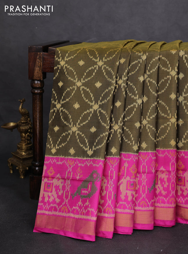 Rajkot patola silk saree sap green and pink with allover patola weaves and ikat woven zari border