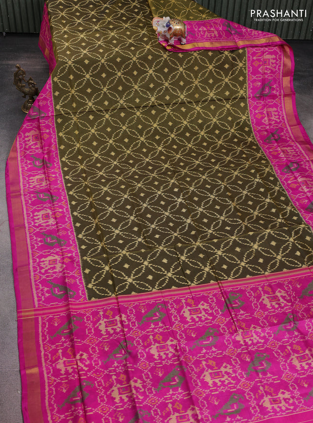 Rajkot patola silk saree sap green and pink with allover patola weaves and ikat woven zari border