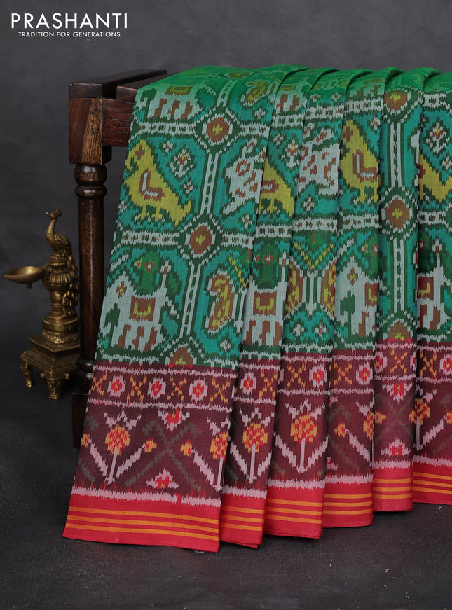 Rajkot patola silk saree green and maroon with allover patola weaves and ikat woven border