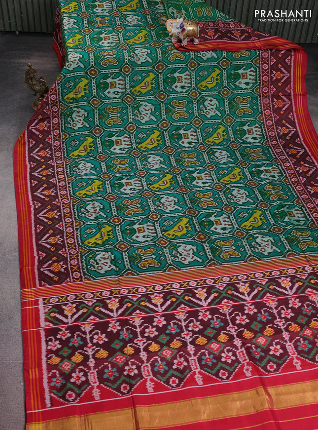 Rajkot patola silk saree green and maroon with allover patola weaves and ikat woven border