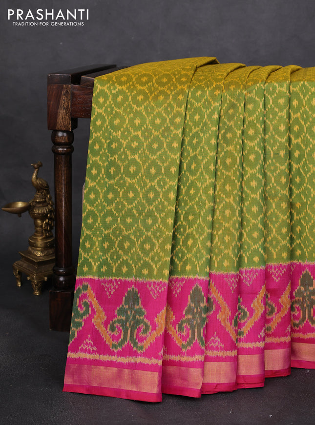 Rajkot patola silk saree light green and pink with allover ikat weaves and ikat woven zari border