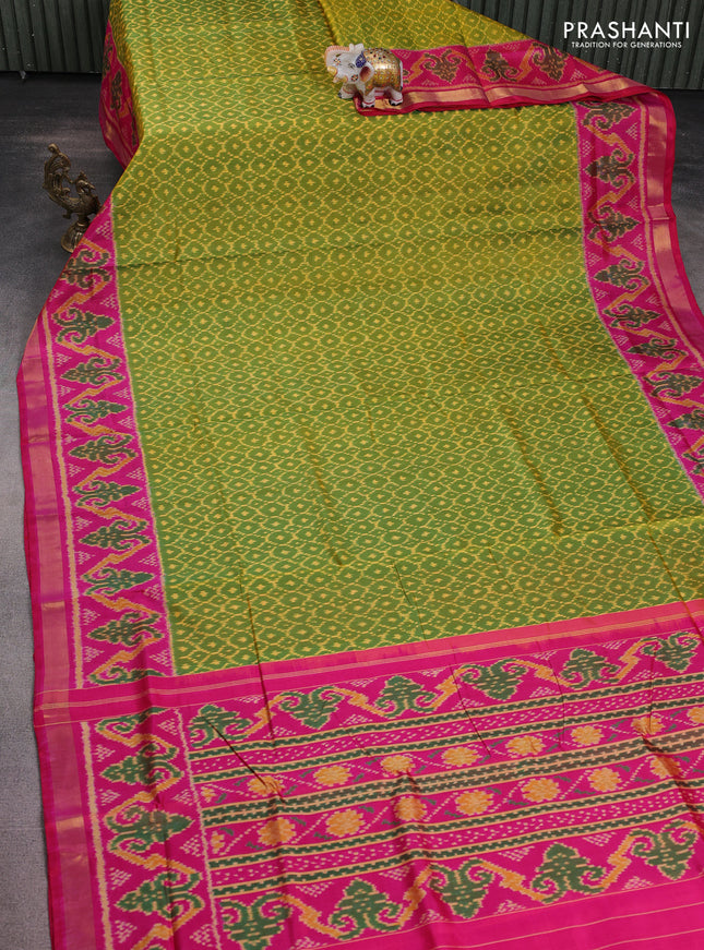 Rajkot patola silk saree light green and pink with allover ikat weaves and ikat woven zari border