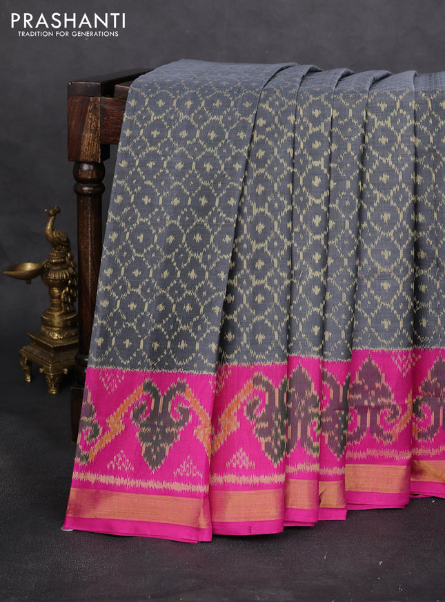 Rajkot patola silk saree grey and pink with allover ikat weaves and ikat woven zari border