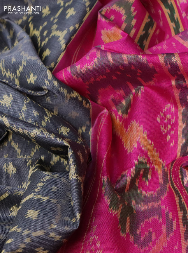 Rajkot patola silk saree grey and pink with allover ikat weaves and ikat woven zari border