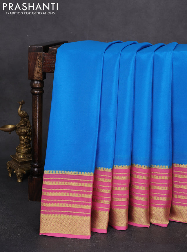 Pure mysore silk saree cs blue and peach pink with plain body and zari woven border