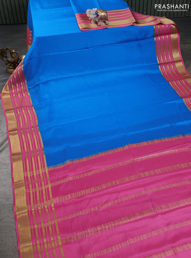 Pure mysore silk saree cs blue and peach pink with plain body and zari woven border