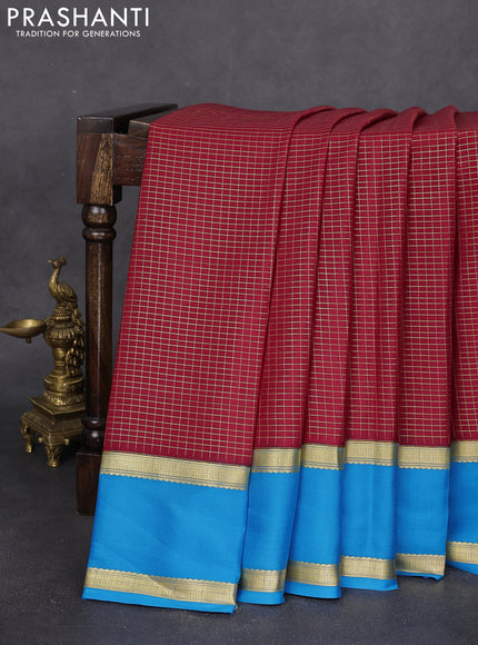Pure mysore silk saree maroon and cs blue with allover zari woven checked pattern and rettapet zari woven border