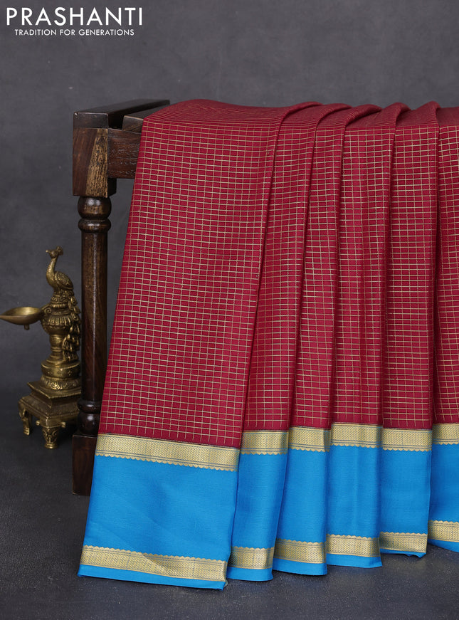 Pure mysore silk saree maroon and cs blue with allover zari woven checked pattern and rettapet zari woven border