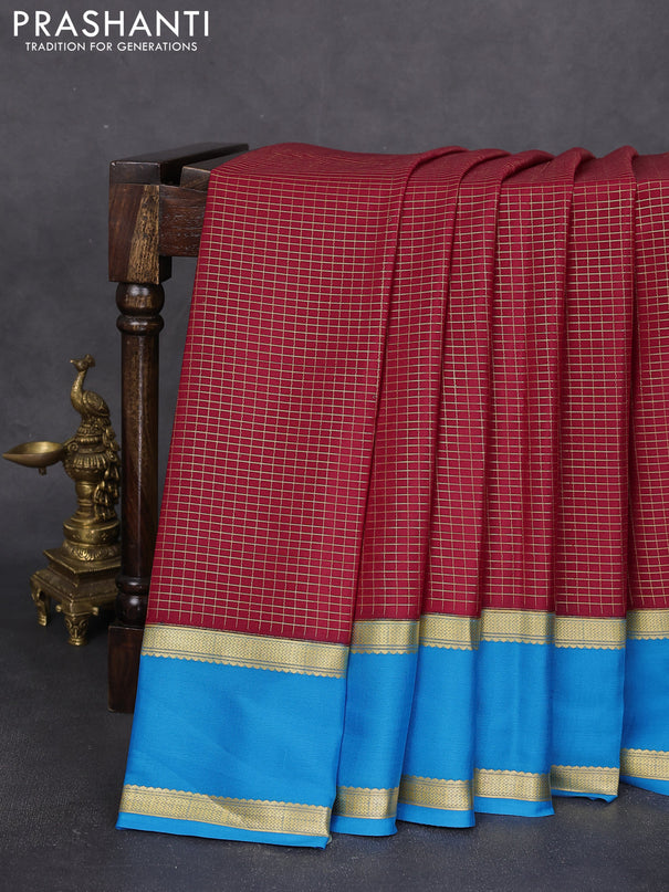Pure mysore silk saree maroon and cs blue with allover zari woven checked pattern and rettapet zari woven border