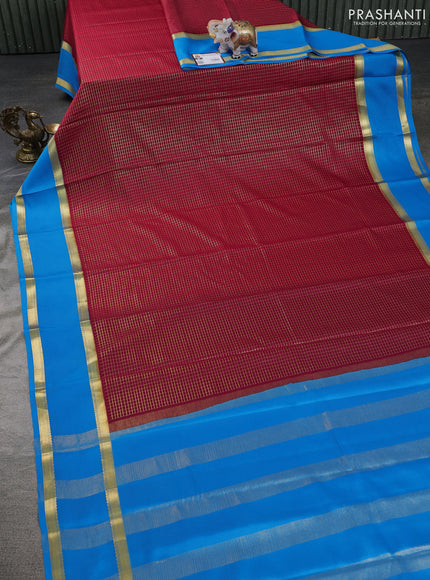 Pure mysore silk saree maroon and cs blue with allover zari woven checked pattern and rettapet zari woven border