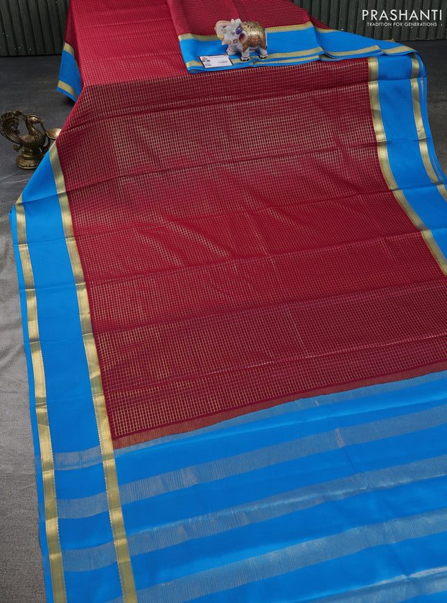 Pure mysore silk saree maroon and cs blue with allover zari woven checked pattern and rettapet zari woven border