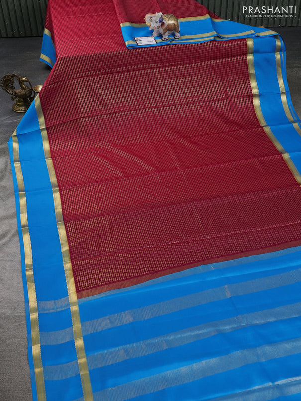 Pure mysore silk saree maroon and cs blue with allover zari woven checked pattern and rettapet zari woven border