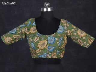 Silk penkalamkari readymade blouse green with allover kalamkari prints & pita work and back knot
