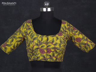 Silk penkalamkari readymade blouse lime yellow with allover kalamkari prints & pita work and back knot