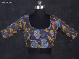 Silk penkalamkari readymade blouse greyish blue with allover kalamkari prints & pita work and back knot
