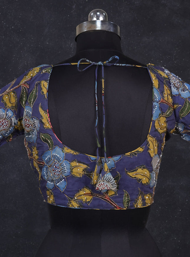 Silk penkalamkari readymade blouse greyish blue with allover kalamkari prints & pita work and back knot