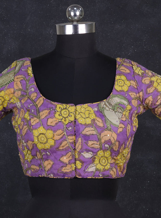 Silk penkalamkari readymade blouse lavender with allover kalamkari prints & pita work and back knot
