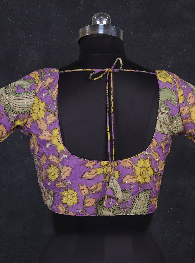 Silk penkalamkari readymade blouse lavender with allover kalamkari prints & pita work and back knot