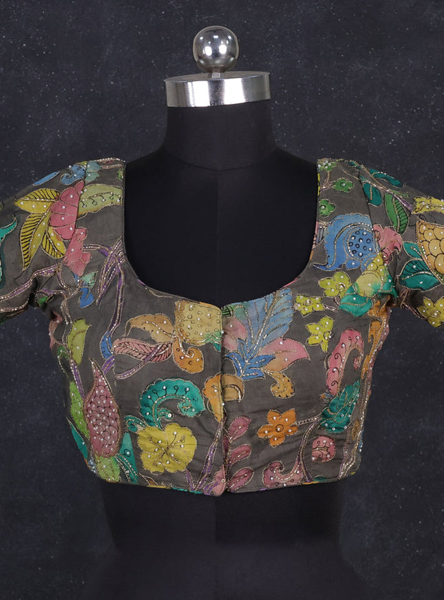 Silk penkalamkari readymade blouse grey with allover kalamkari prints & pita work and back knot