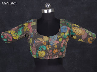 Silk penkalamkari readymade blouse grey with allover kalamkari prints & pita work and back knot