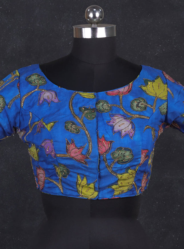 Silk penkalamkari readymade blouse blue with allover kalamkari prints & pita work