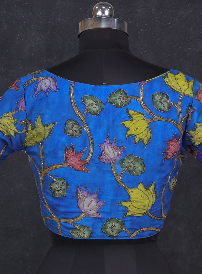Silk penkalamkari readymade blouse blue with allover kalamkari prints & pita work