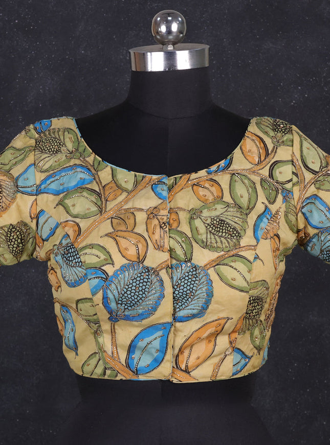 Silk penkalamkari readymade blouse pale yellow with allover kalamkari prints & pita work